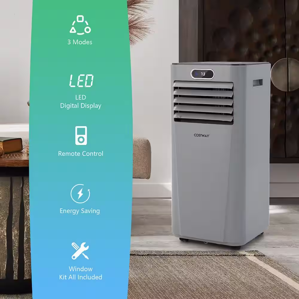 Costway 10000 BTU(ASHRAE) 6000 BTU(DOE) Portable Air Conditioner Cools Sq. Ft. with Dehumidifier Fan Mode Remote Control in Gray