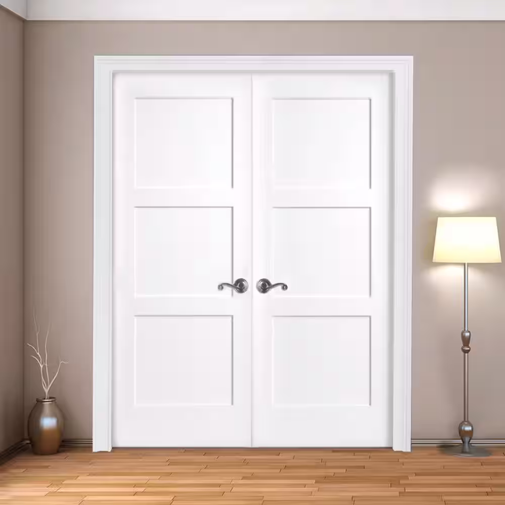 Steves & Sons 48 in. x 80 in. 3-Panel Equal Shaker White Primed Solid Core Wood Double Prehung Interior Door with Nickel Hinges