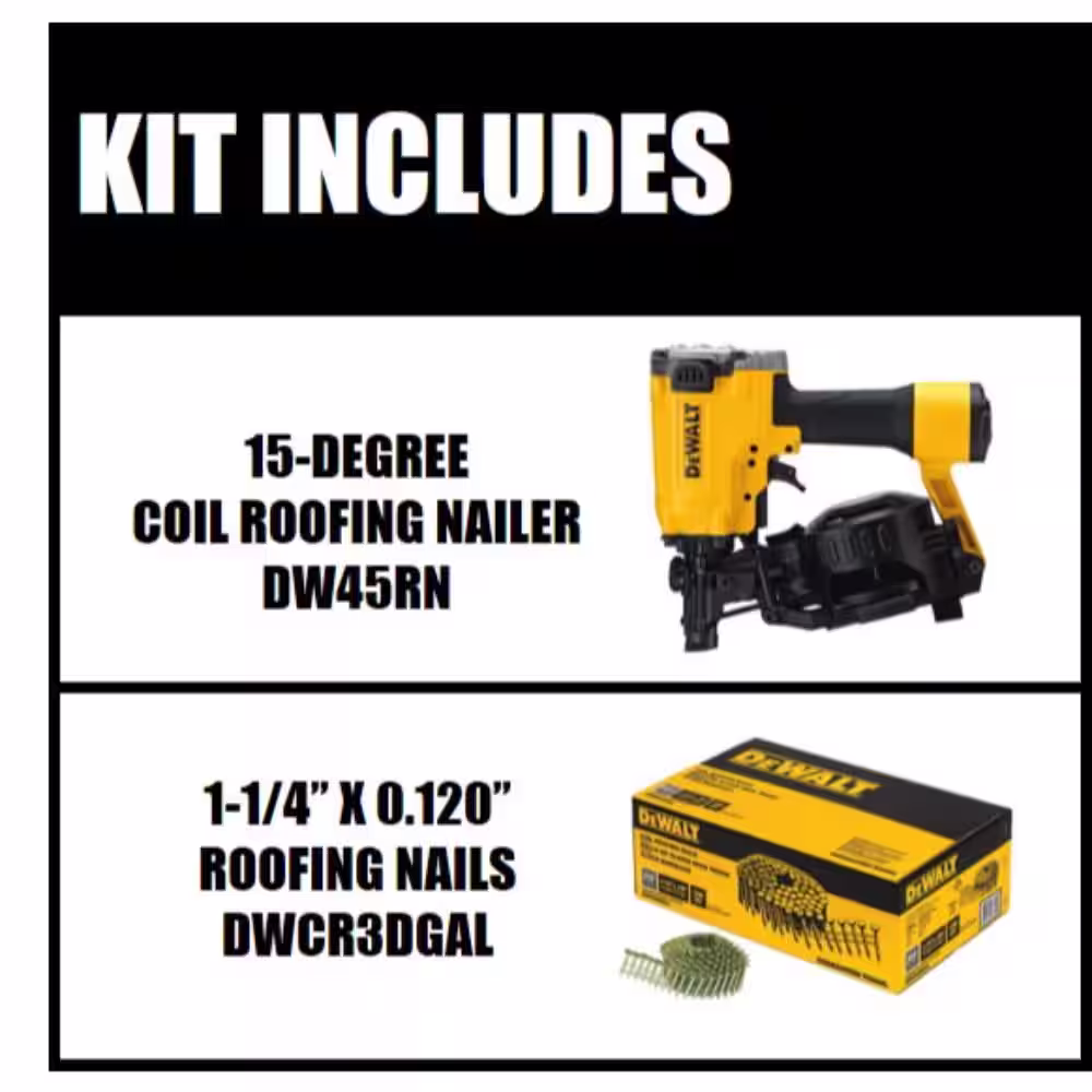 DEWALT Pneumatic 15-Degree Coil Roofing Nailer and 1-1/4 in. x 0.120 Gal. Galvanized Steel Coil Roofing Nails (7,200 Pack)