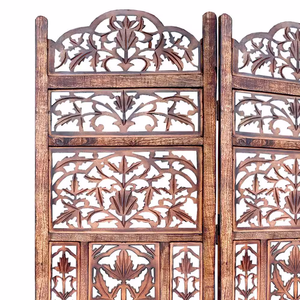 THE URBAN PORT Handcrafted Brown 3-Panel Mango Wood Screen with Cut-Out Filigree Carvings