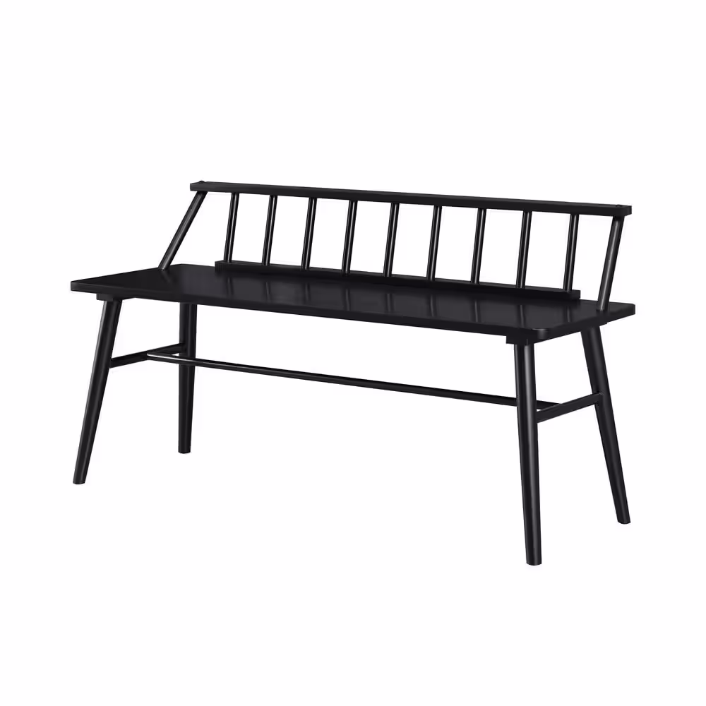 Welwick Designs Black Solid Wood Scandinavian Bench with Low Spindle Back (26 in. H x 48 in. W x 17 in. D)