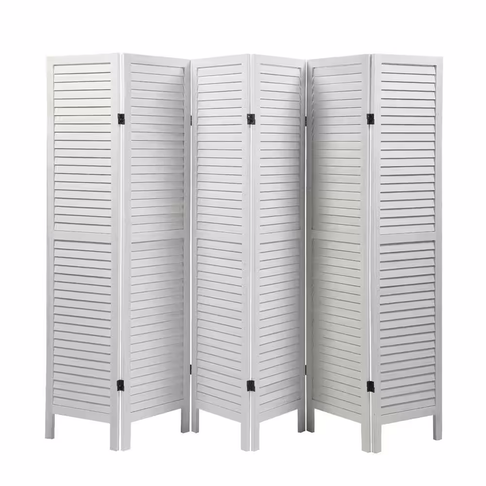 None Sycamore 6-Panel Old White Wood Screen Folding Louvered Room Divider Stable and Firm