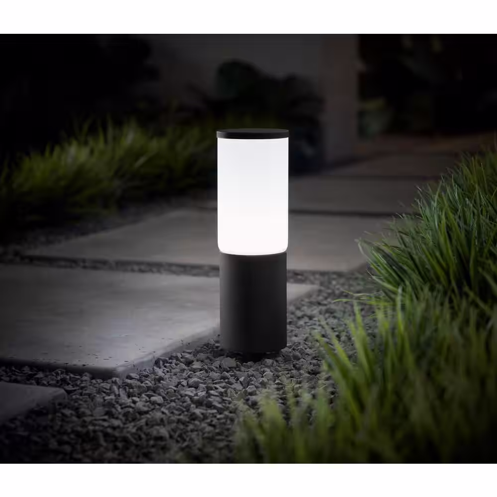 Hampton Bay Hartford Low Voltage Millennium Black LED Smart Outdoor Bollard Light with Frosted Glass Shade Powered by Hubspace