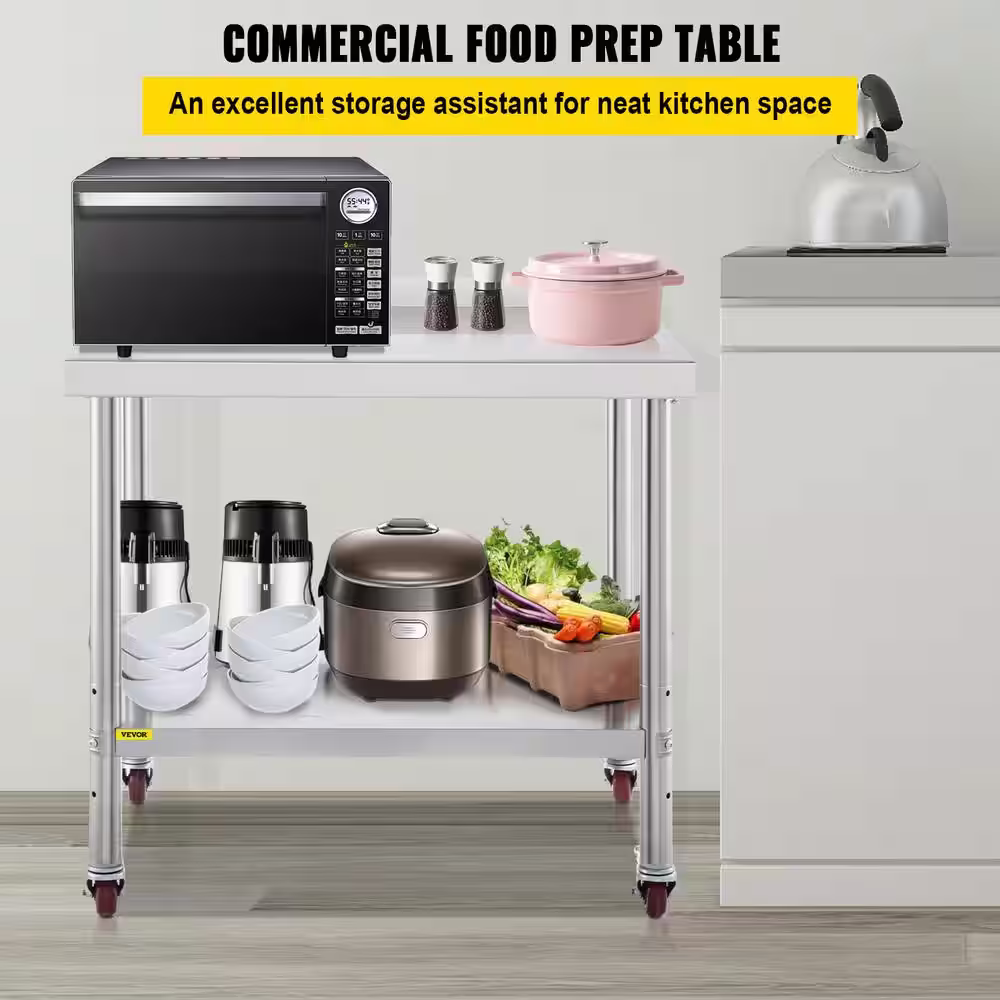 VEVOR Stainless Steel Prep Table 36 x 24 x 35 in. Heavy Duty Metal Worktable with Adjustable Undershelf Kitchen Utility Tables