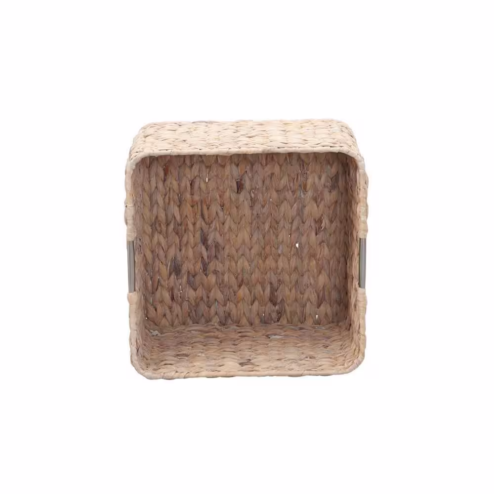 HOUSEHOLD ESSENTIALS White Wash Square Hyacinth Decorative Wicker Storage Basket with Stainless Steel Handles