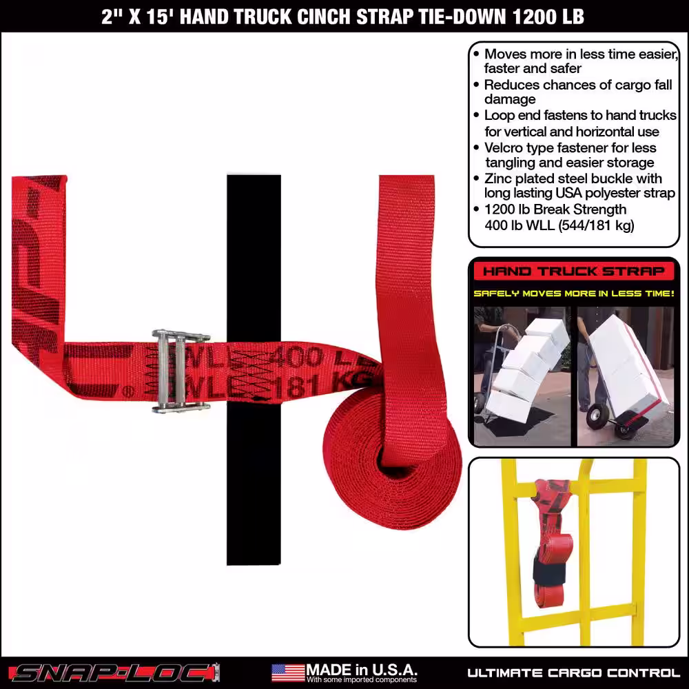 SNAP-LOC 15 ft. x 2 in. Hand Truck Strap with Hook and Loop Storage Fastener in Red