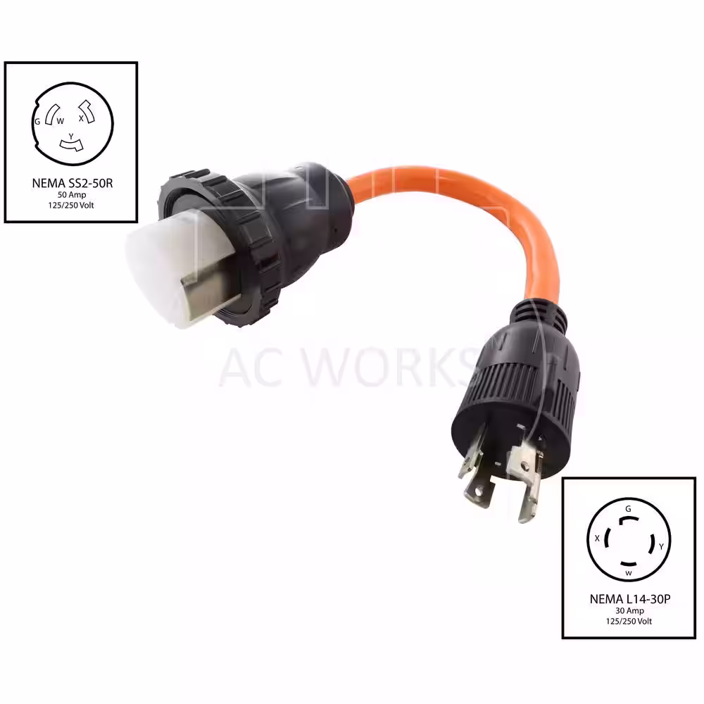 AC WORKS AC Connectors 1.5 ft. 10/4 Generator L14-30P 30 Amp 4-Prong Plug to 50 Amp RV/Marine Detachable Inlet Adapter