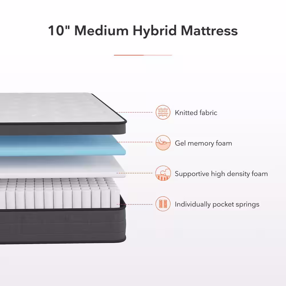 Sweetnight 10 in. Medium Memory Foam Hybrid Euro Top Mattress, Individually Wrapped Innerspring Queen Size Mattress