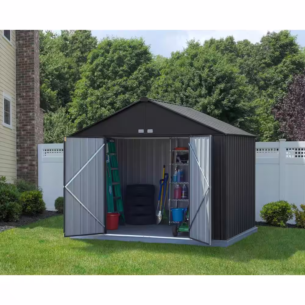 Arrow 10 ft. W x 8 ft. H x 8 ft. D EZEE Extra-High Gable Shed in Charcoal with Snap-IT Quick Assembly and Swing Door Design