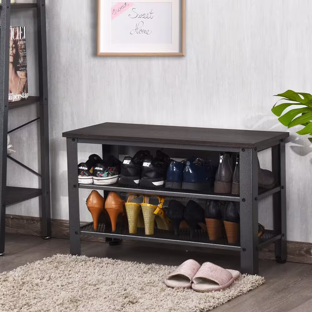 None 18 in. H x 29 in. W 3-Tier Iron Shoe Rack Bench Shoe Storage Bench