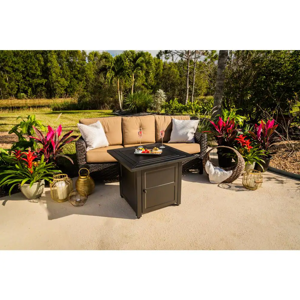 FIRE ISLAND 30 in. W x 24.6 in. H Square Steel Propane Black Slate Fire Pit with Stamped Steel Black Base and 50000 BTU Burner