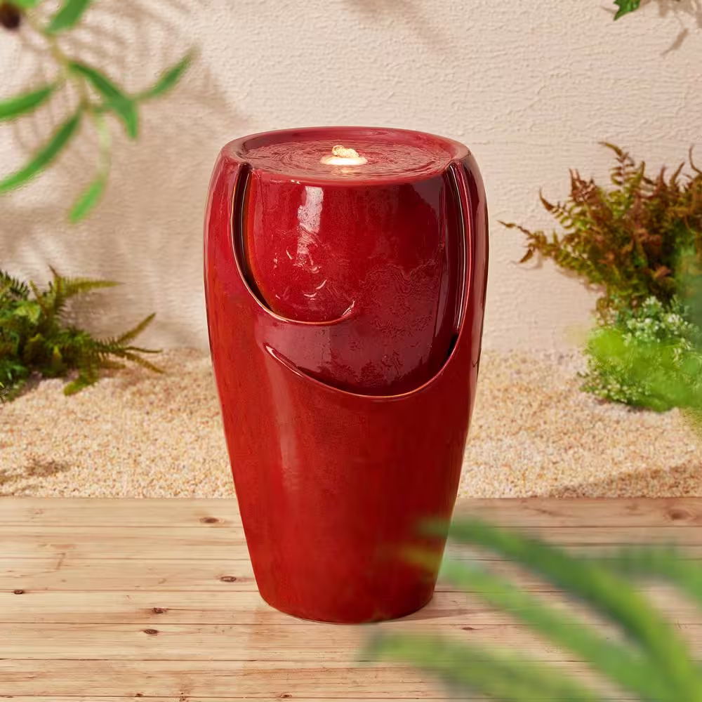 Glitzhome 21.25 in. H Red Ceramic Pot Fountain with Pump and LED Light