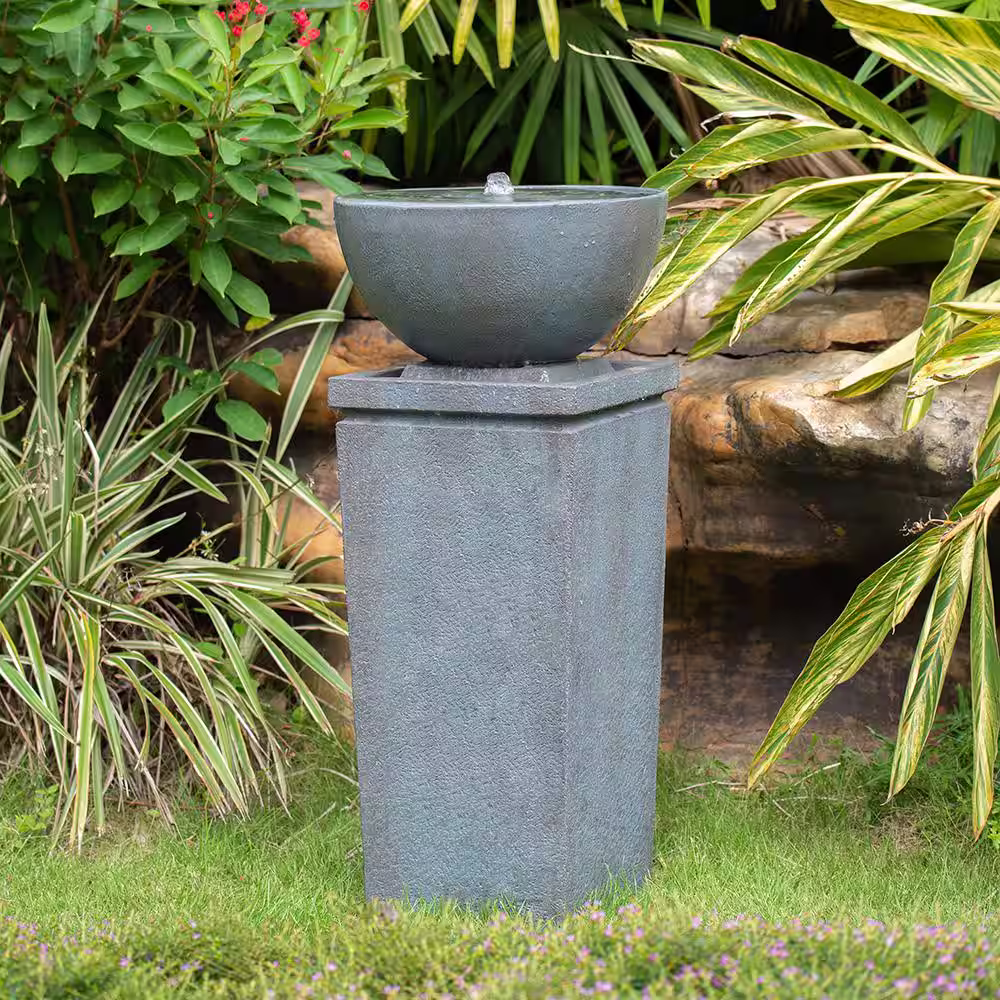 None Polyresin Gray Zen Bowl Water Fountain, Outdoor Bird Feeder/Bath Fountains