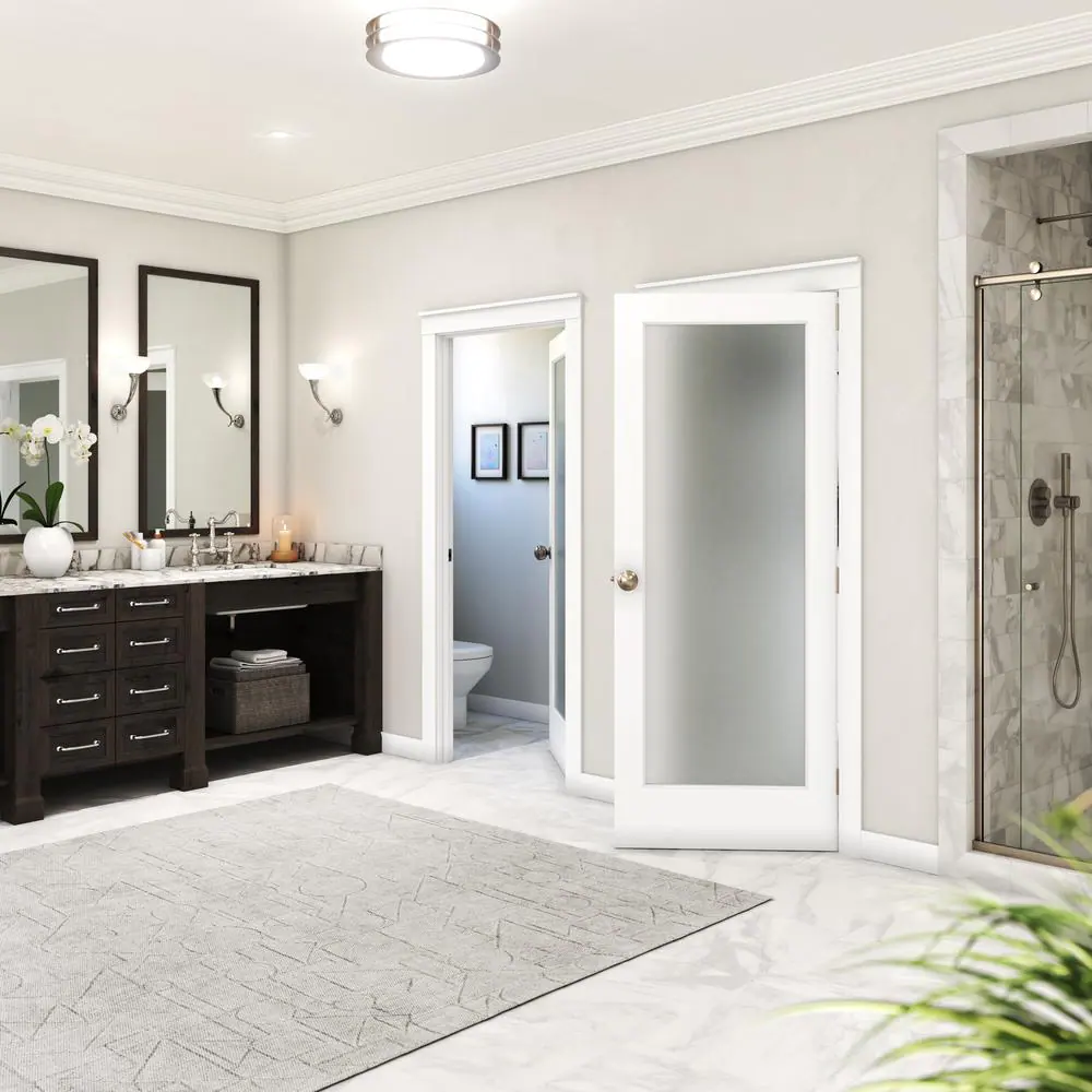 eightdoors 30 in. x 80 in. x 1-3/8 in. 1-Lite Solid Core Frosted Glass White Finished Wood French Interior Door Slab