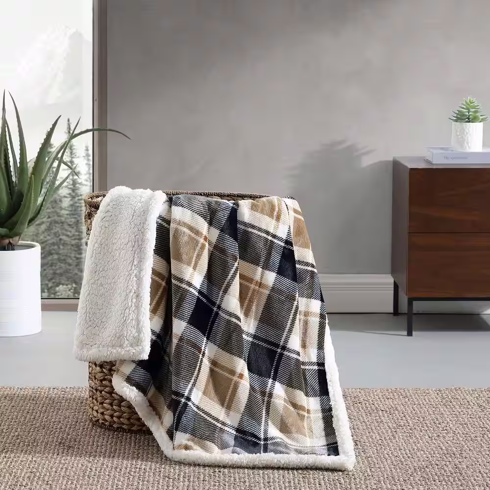 EDDIE BAUER Rugged Plaid Ultra Soft Sherpa Beige Microfiber Throw Blanket
