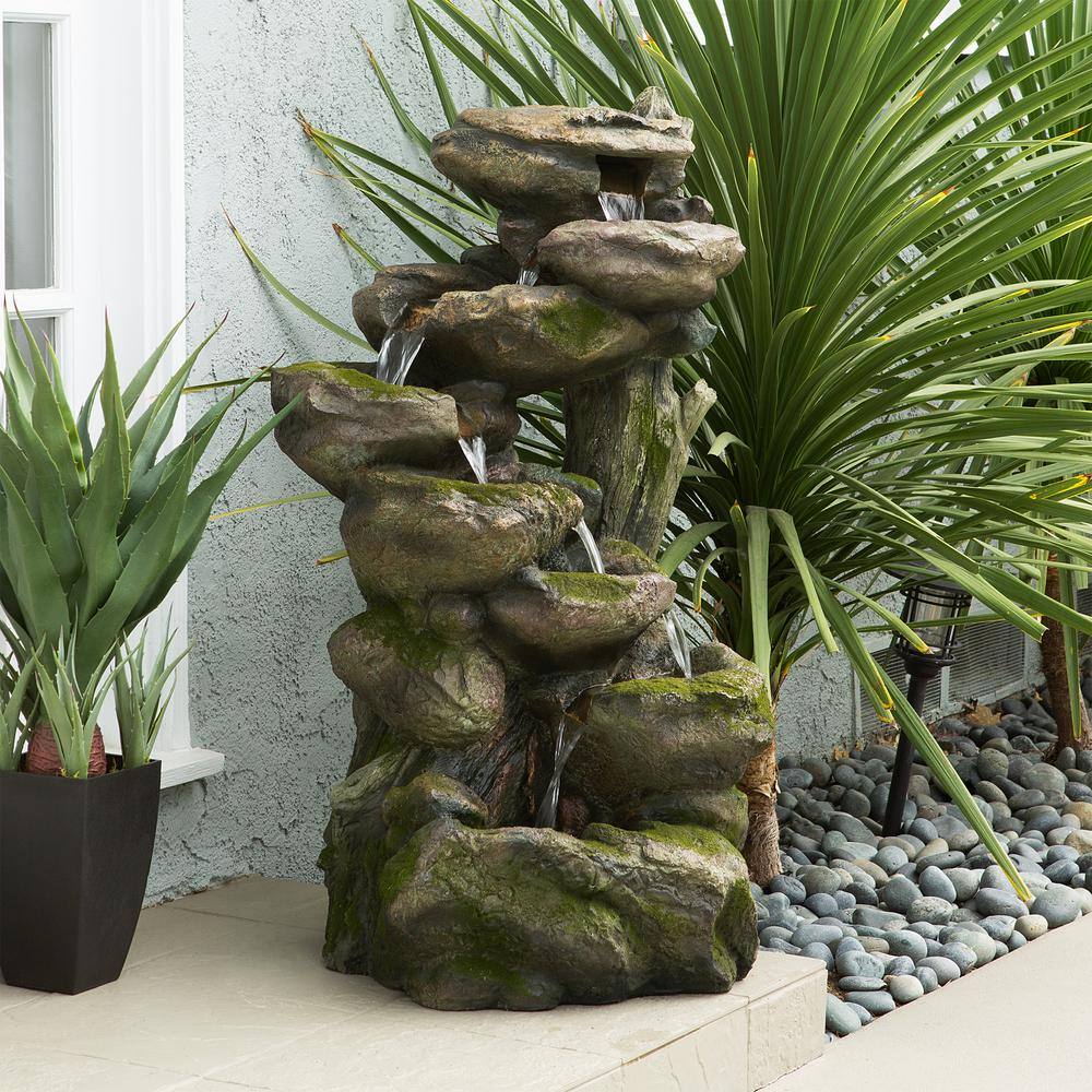 Alpine Corporation 39 in. Tall Indoor/Outdoor Multi-Tier Waterfall Rock Fountain with LED Lights