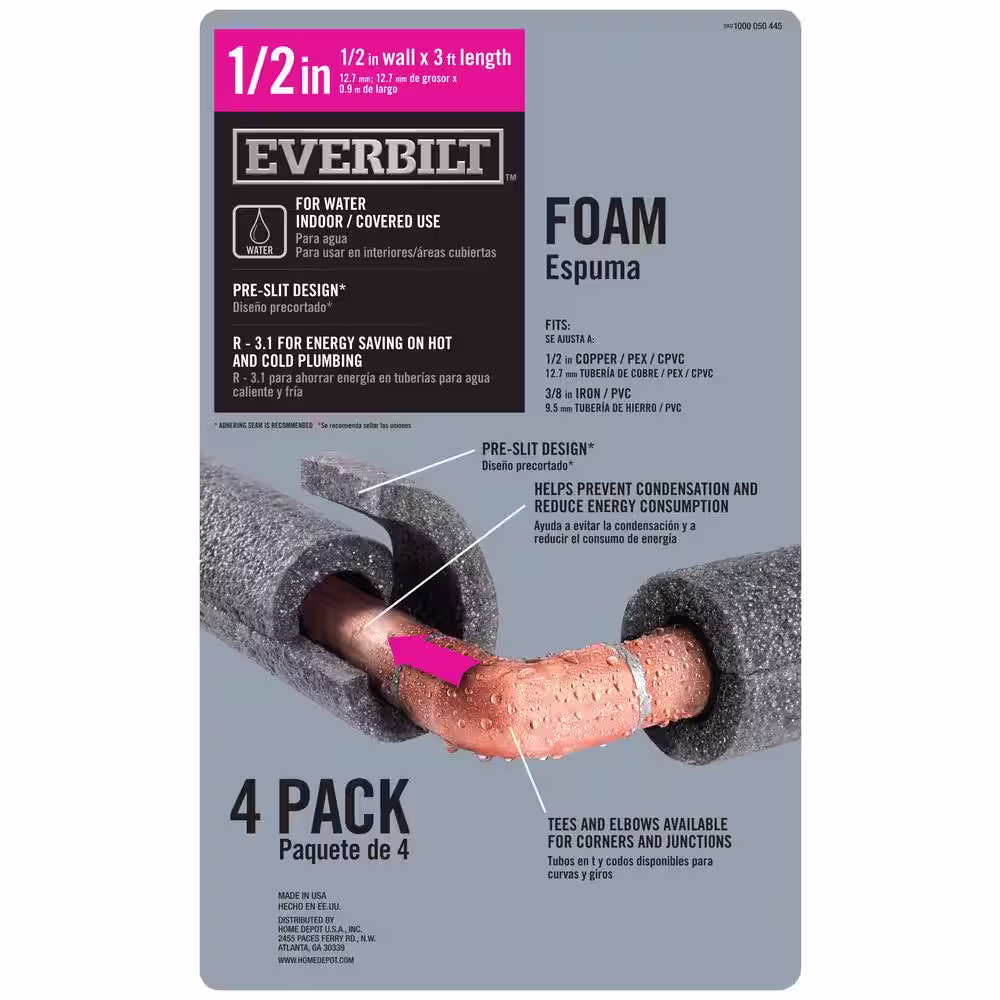 Everbilt 1/2 in. x 3 ft. Foam Pre-Slit Pipe Insulation (4-Pack)