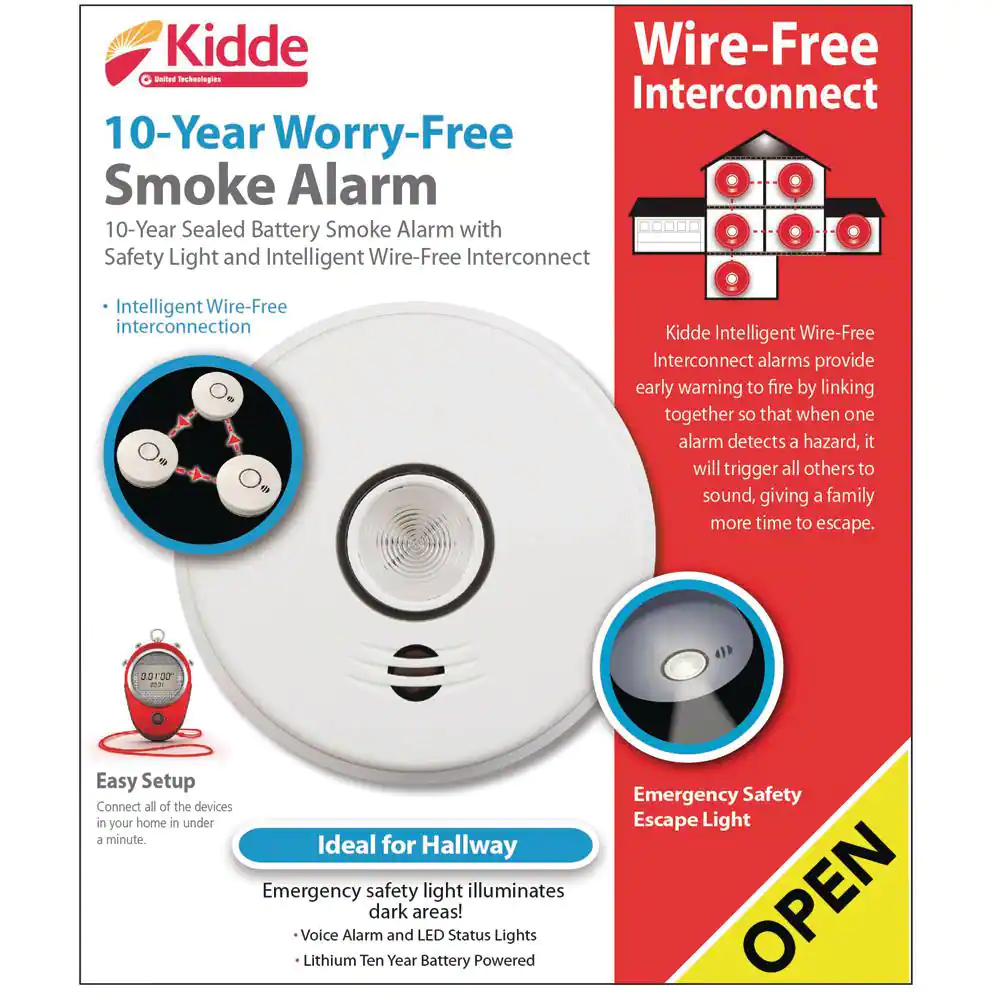 Kidde 10 Year Worry-Free Hardwired Smoke Detector with Intelligent Wire-Free Voice Interconnect and Safety Light