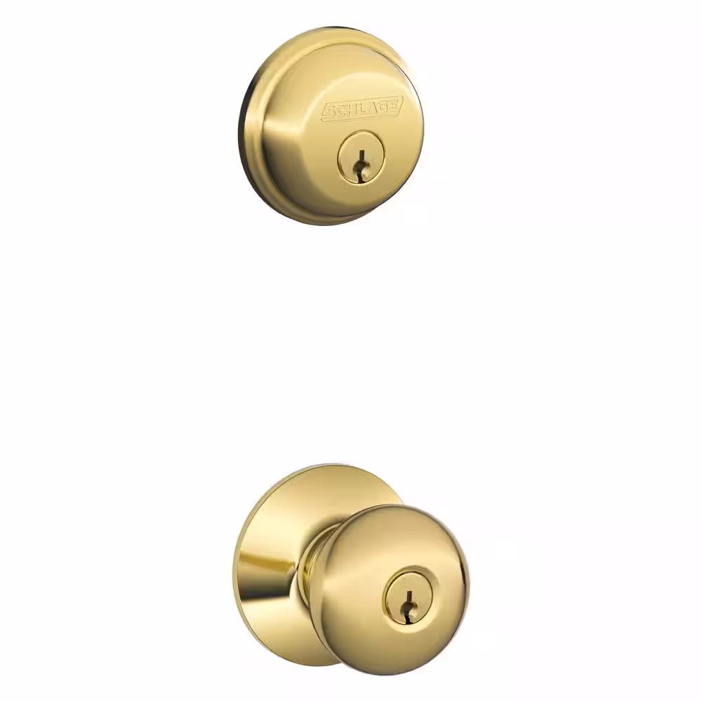 Schlage Plymouth Bright Brass Single Cylinder Deadbolt and Keyed Entry Door Knob Combo Pack