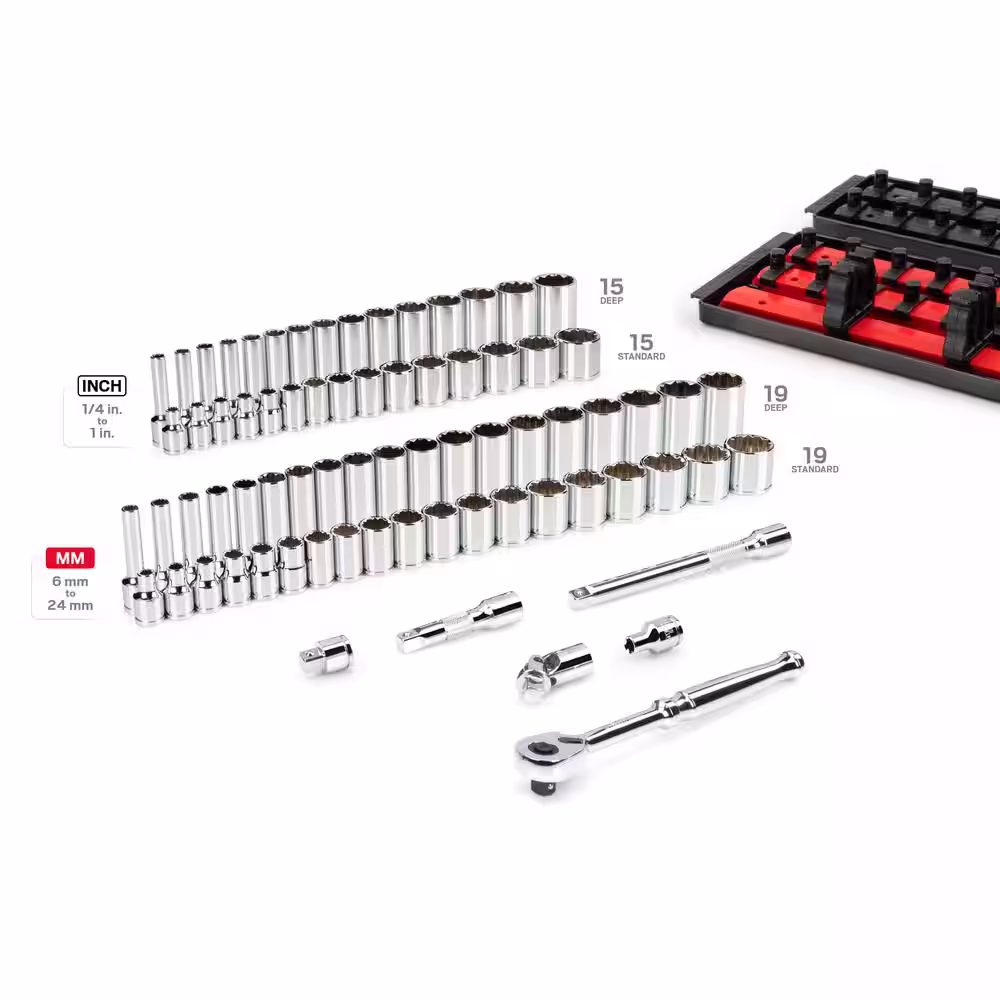 TEKTON 3/8 in. Drive 12-Point Socket and Ratchet Set with Rails (1/4 in.-1 in., 6 mm-24 mm) (74-Piece)