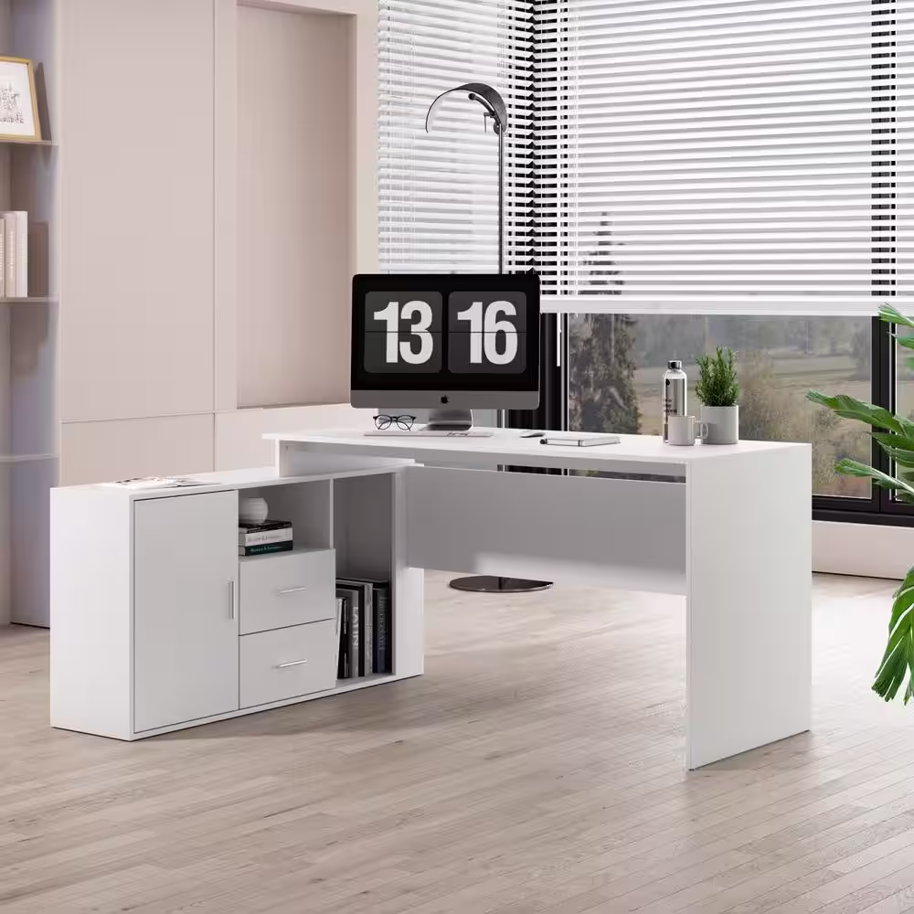 None White L-Shaped MDF Computer/Writing Desk, with 2 Drawers, Open Shelves and Cabinet, 55.1 in. W x 29.4 in.H