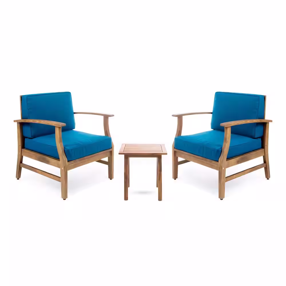 Noble House Perla Teak Brown 3-Piece Wood Patio Conversation Seating Set with Blue Cushions