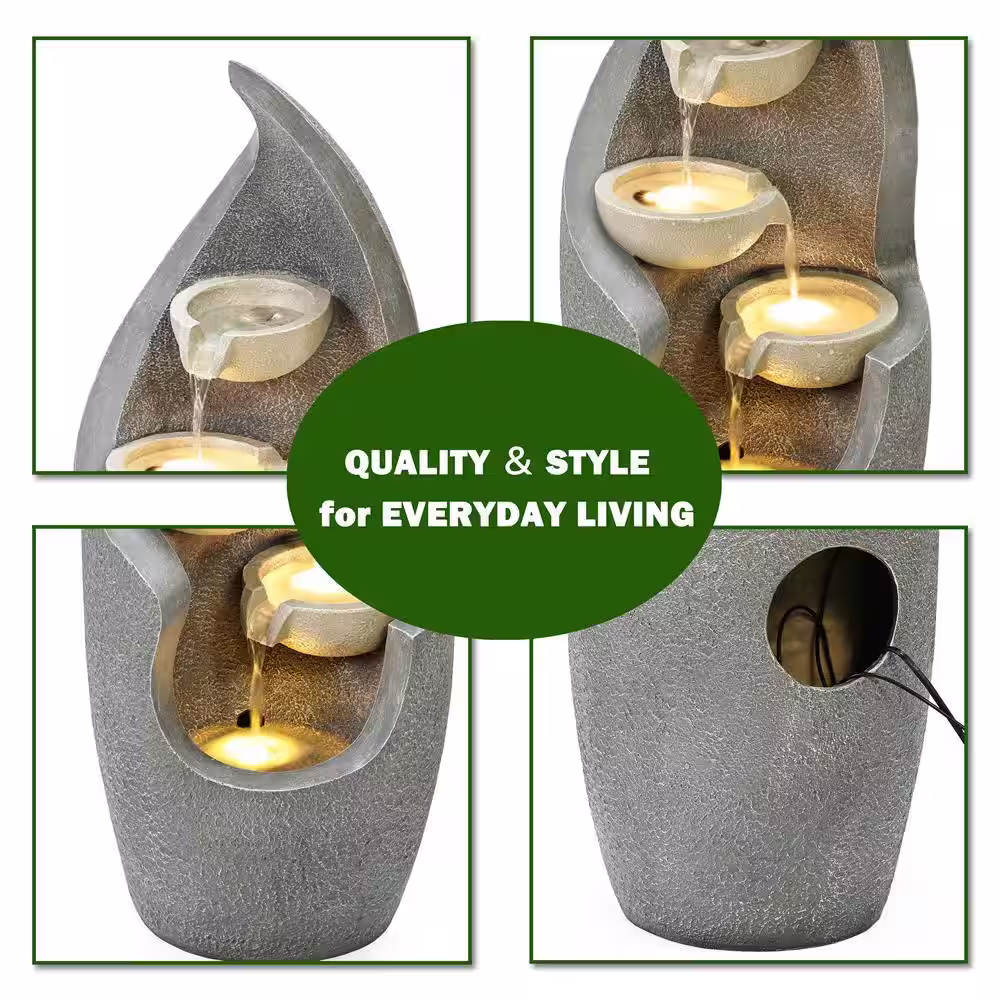 None Gray Curves Cascading Bowls Outdoor Polyresin Cascade Fountain with LED Lights