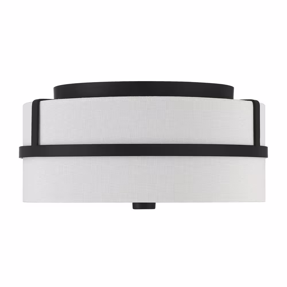 Savoy House 13 in. W x 6 in. H 2-Light Matte Black Outdoor Flush Mount Light with White Glass Drum Shade