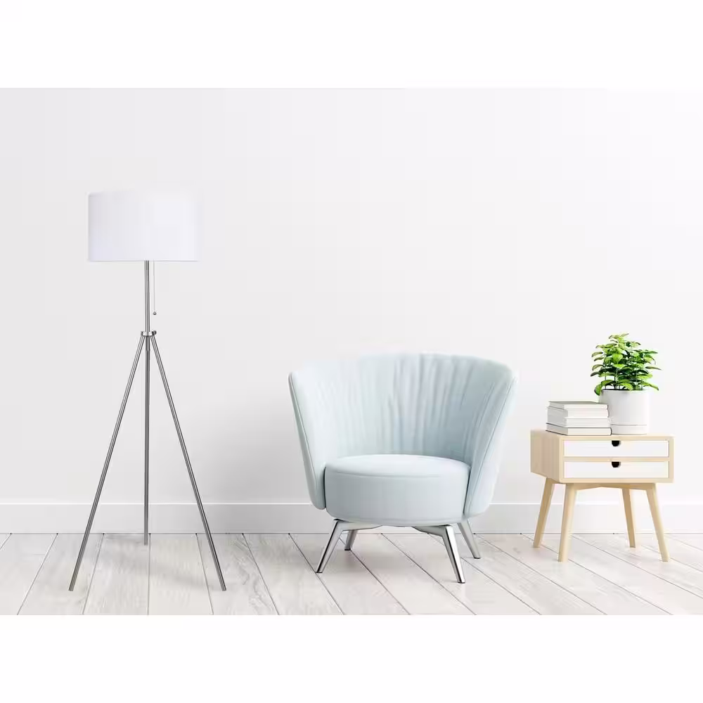 None 59 in. Silver Tripod Floor Lamp 100% Metal Body with Linen Round Shade E26 Socket
