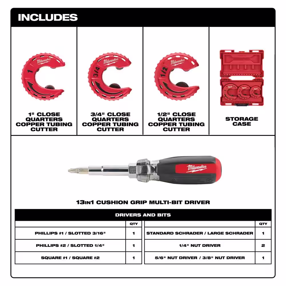 Milwaukee Close Quarters Copper 1/2 in. to 1 in. Tubing Cutter Set and 13- in-1 Screwdriver with Schrader Bit