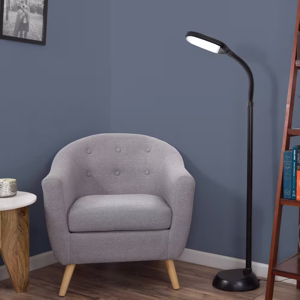 Lavish Home 60 in. LED Natural Full Spectrum Sunlight Gooseneck Floor Lamp with Dimmer Switch in Black