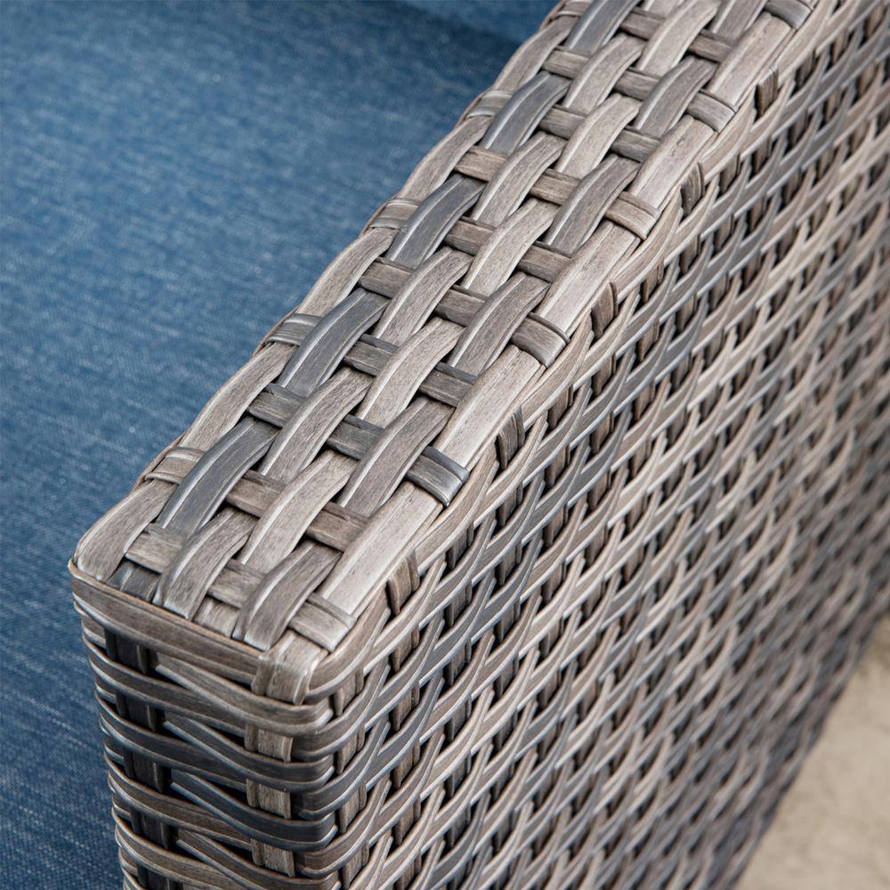 XIZZI Neptune Gray 7-Piece Wicker Patio Conversation Seating Sofa Set with Denim Blue Cushions and Swivel Rocking Chairs