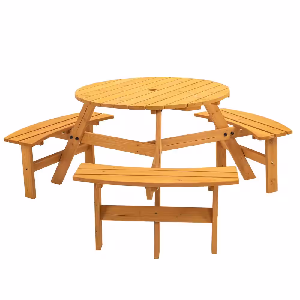 None 35 in. Brown Round Circular Solid Wood Picnic Table Seats 6-People with Umbrella Hole