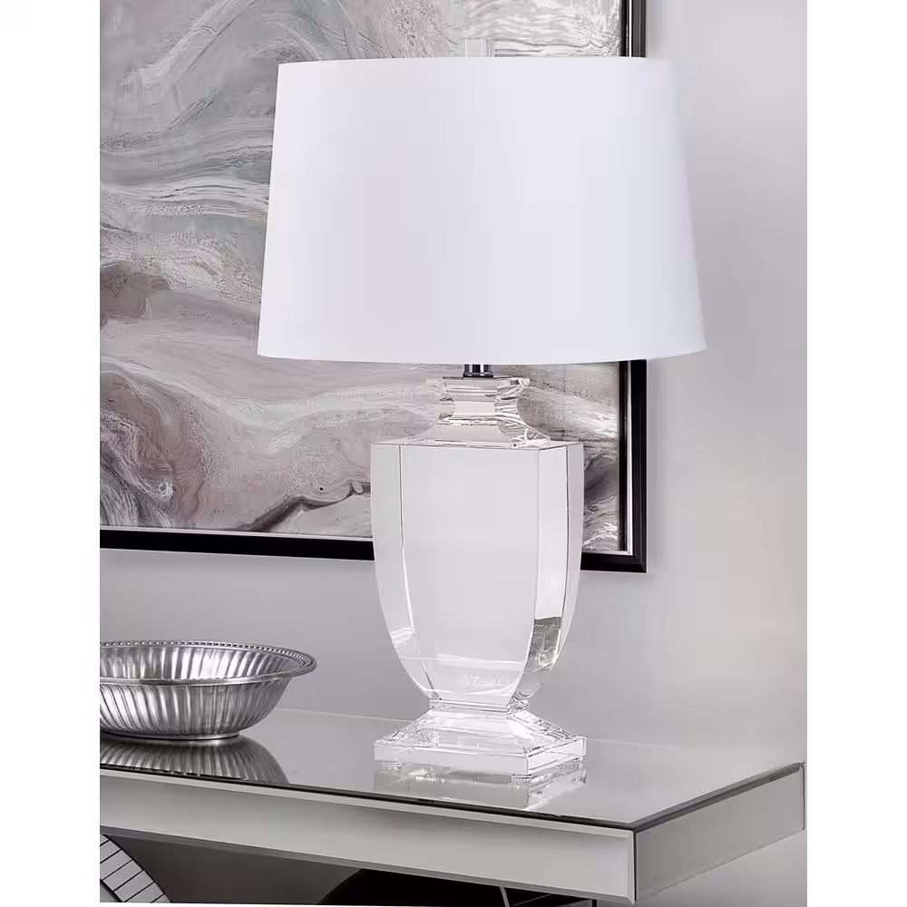 None 26 in. Clear Crystal Table Lamp with Chrome Accents and White Linen Shade