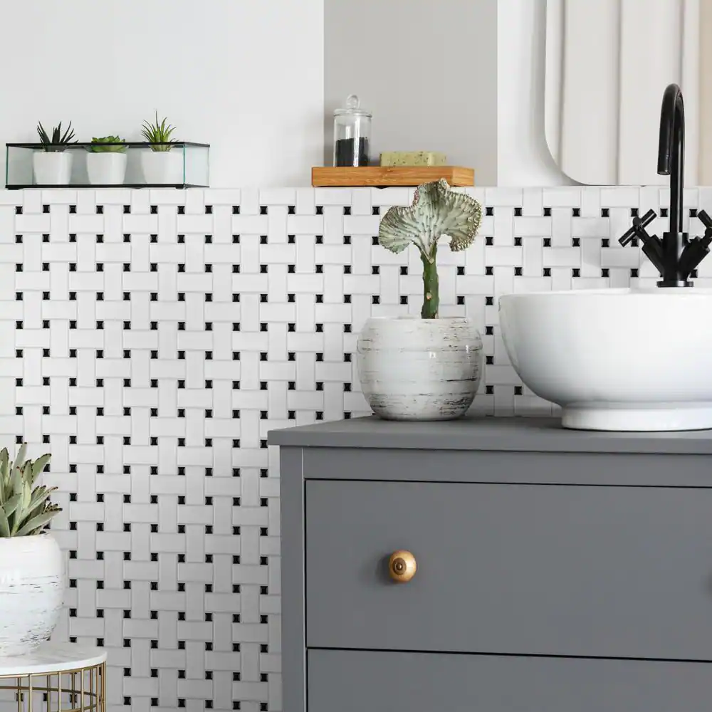 Merola Tile Metro Basketweave White with Black Dot 11-3/4 in. x 11-3/4 in. Porcelain Mosaic Tile (9.8 sq. ft./Case)