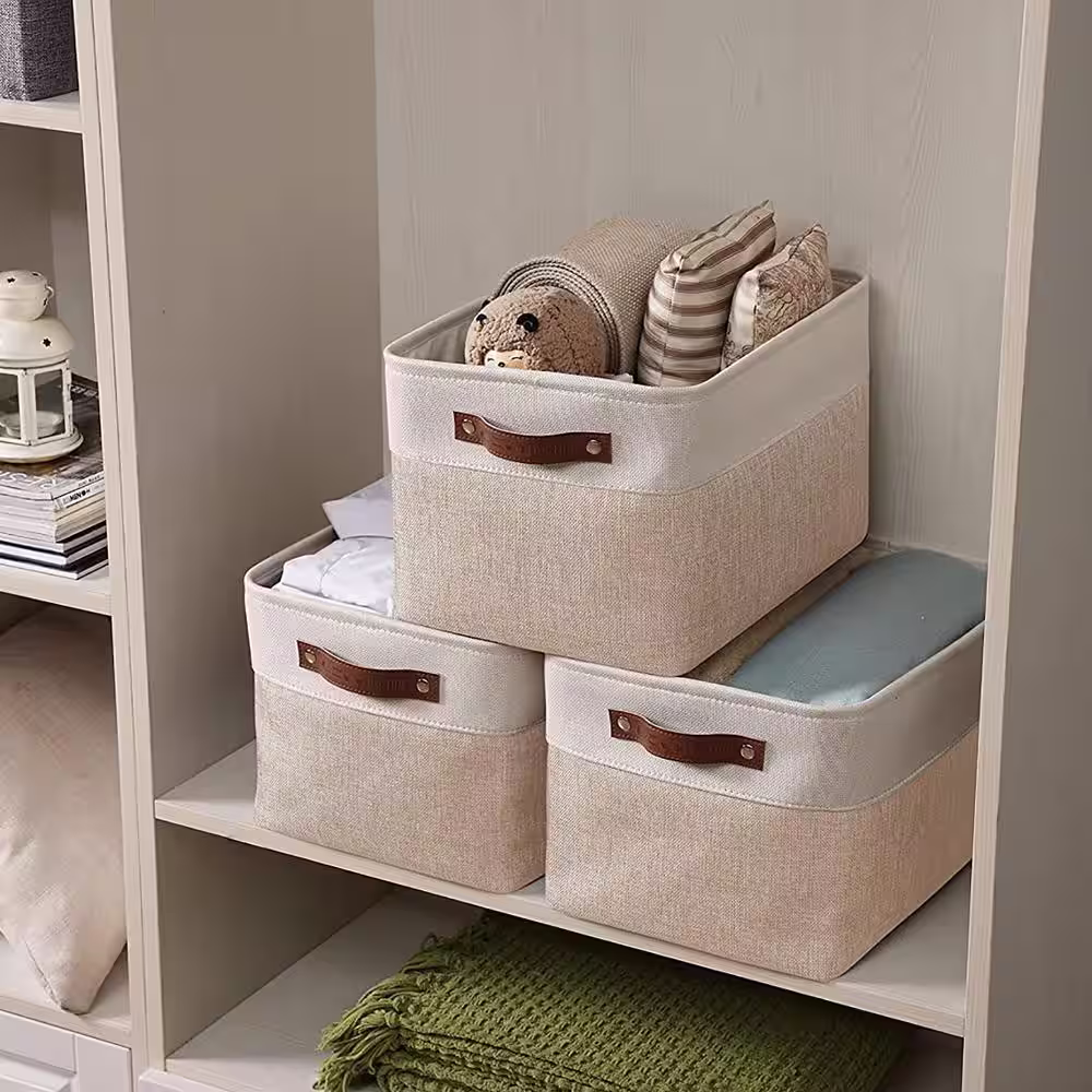 None 27 qt. Fabric Collapsible Storage Bin with Handles in Beige (4-Pack)