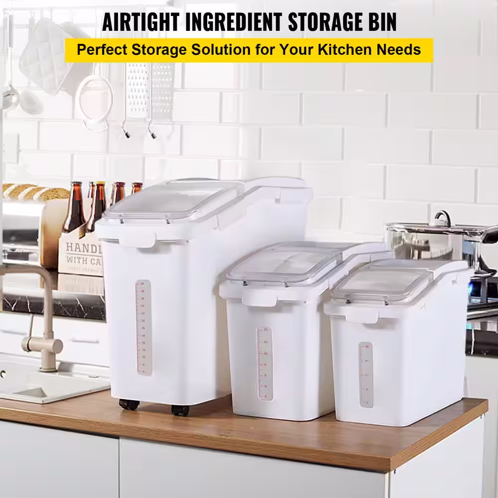 VEVOR Ingredient Storage Bin 11.4+5.8+3.4 Gal. Capacity Shelf-storage Ingredient Bin 500 Cup Flour Bins with Wheels, White