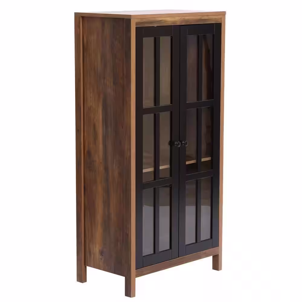 LuxenHome Brown and Black Accent Storage Cabinet with Doors and Shelves
