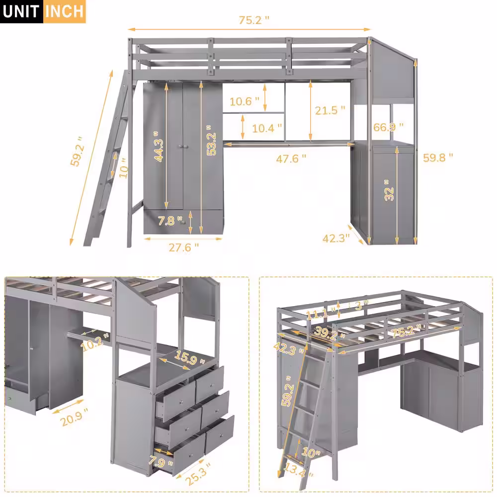 Harper & Bright Designs Gray Twin Loft Bed with Wardrobe, 7-Drawers and Attached Desk with Shelves