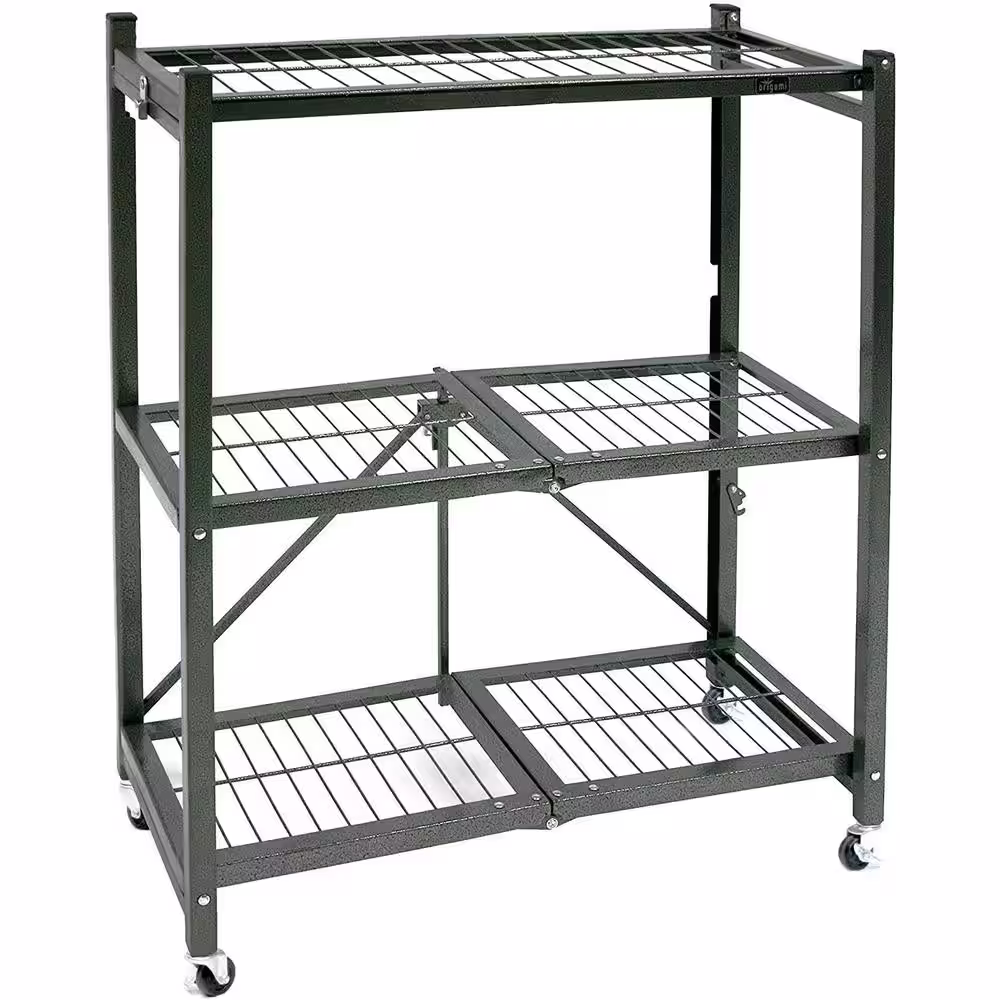 Origami 13.3 in. x 28.75 in. x 35.4 in. R3 Foldable Pewter 3-Tiered Shelving Unit Storage Rack and Wheels (4-Pack)