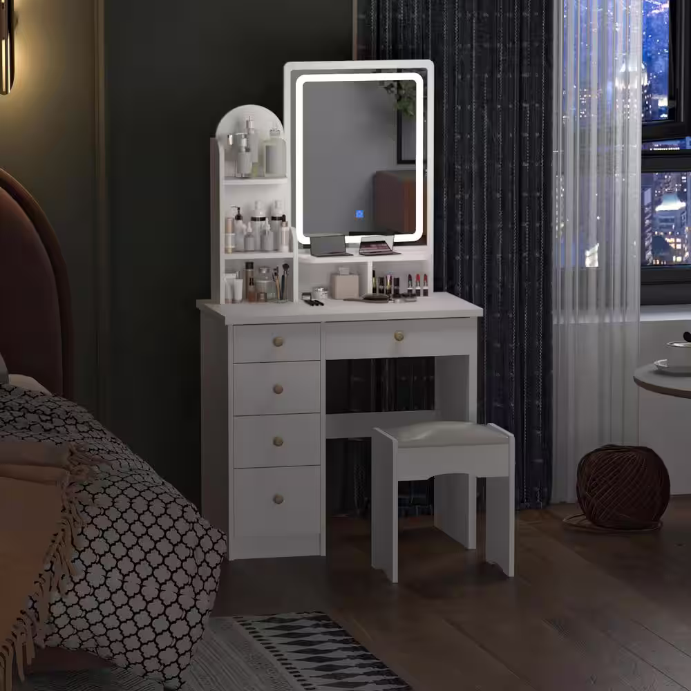 FUFU&GAGA 5-Drawers White Makeup Vanity Sets Dressing Table Sets With Stool, Mirror, LED Light and 3-Tier Storage Shelves