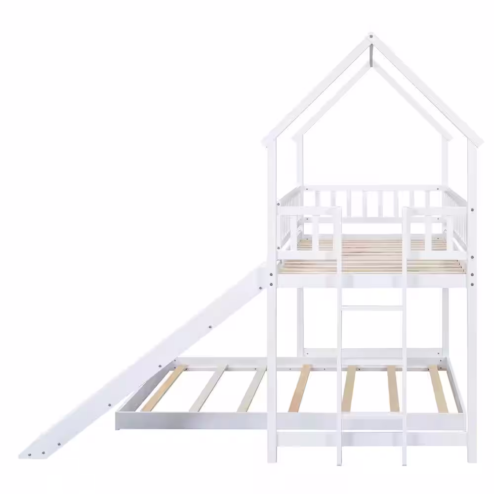 Harper & Bright Designs L-Shaped White Twin over Full Wood House Bunk Bed with Built-in Ladder and Slide
