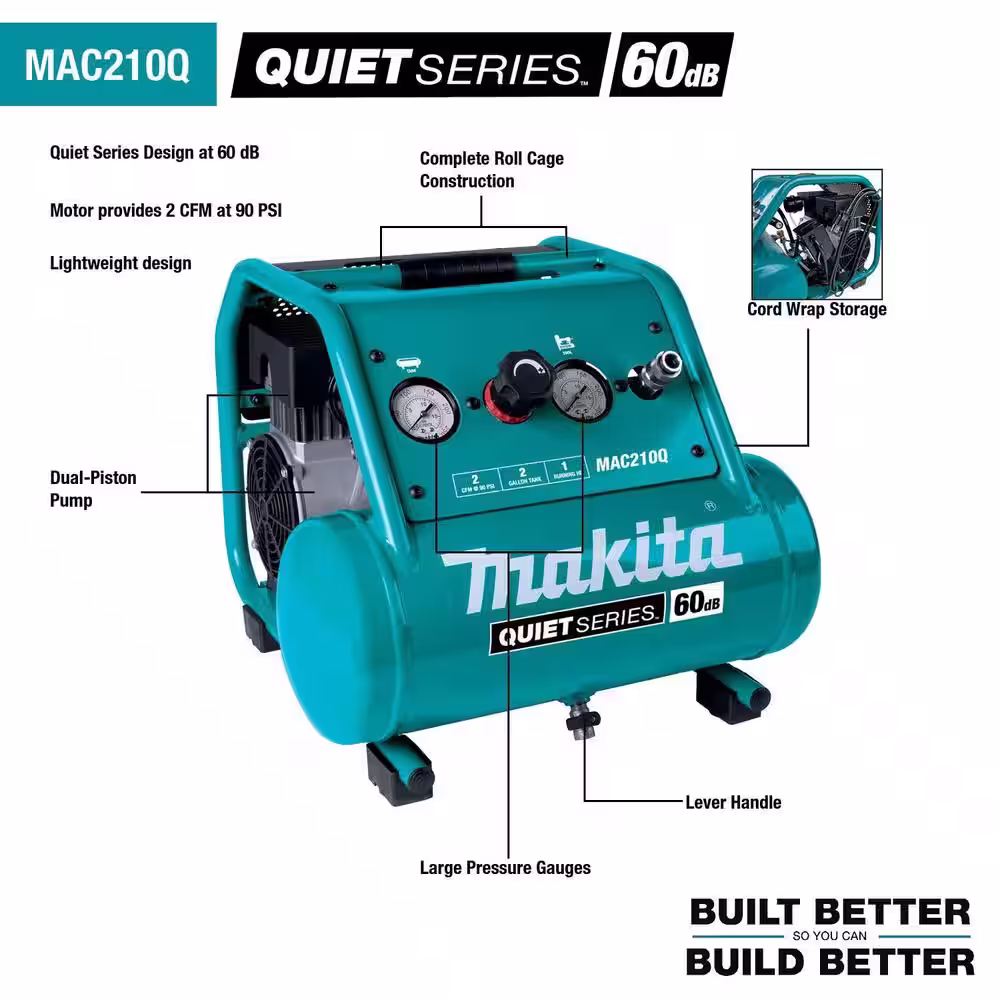 Makita 2 Gal. Quiet Series 1 HP Electric Oil-Free Air Compressor with Bonus Pneumatic 2 in. 18-Gauge Brad Nailer