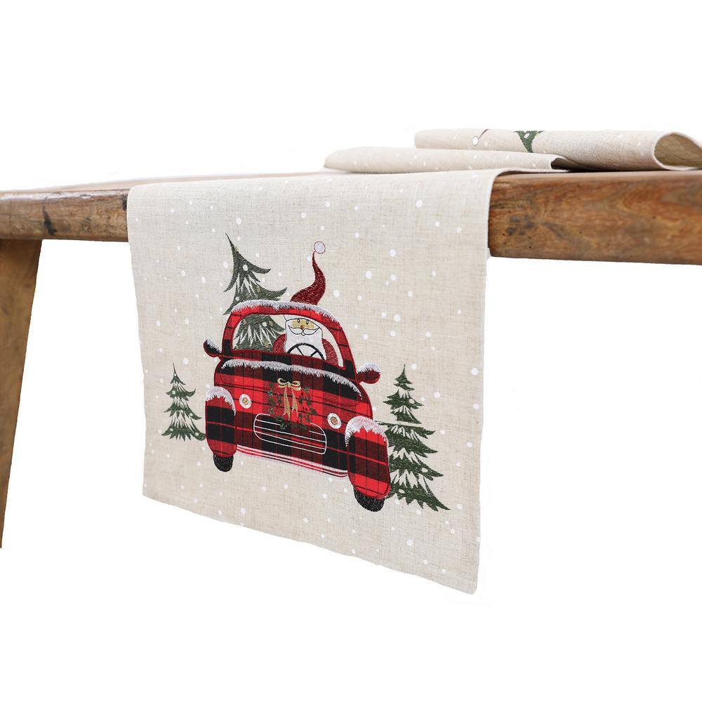 Manor Luxe 15 in. x 90 in. Santa Claus Riding On Car Christmas Table Runner, Natural