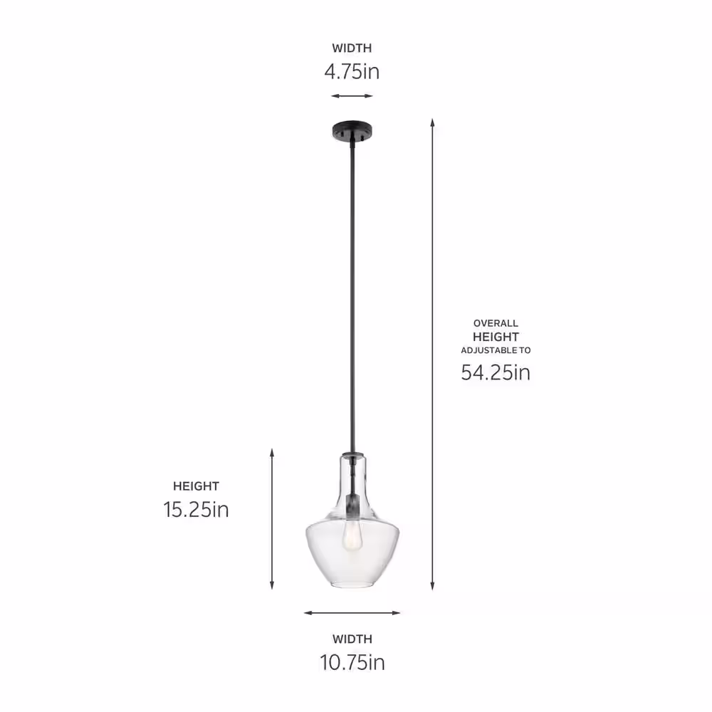 KICHLER Everly 15.25 in. 1-Light Black Transitional Shaded Kitchen Bell Pendant Hanging Light with Clear Glass