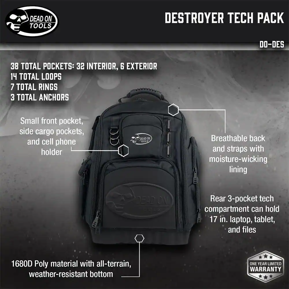 DEAD ON TOOLS 17 in. Destroyer Tech Pack Backpack Tool Pack with 34 Total Pockets