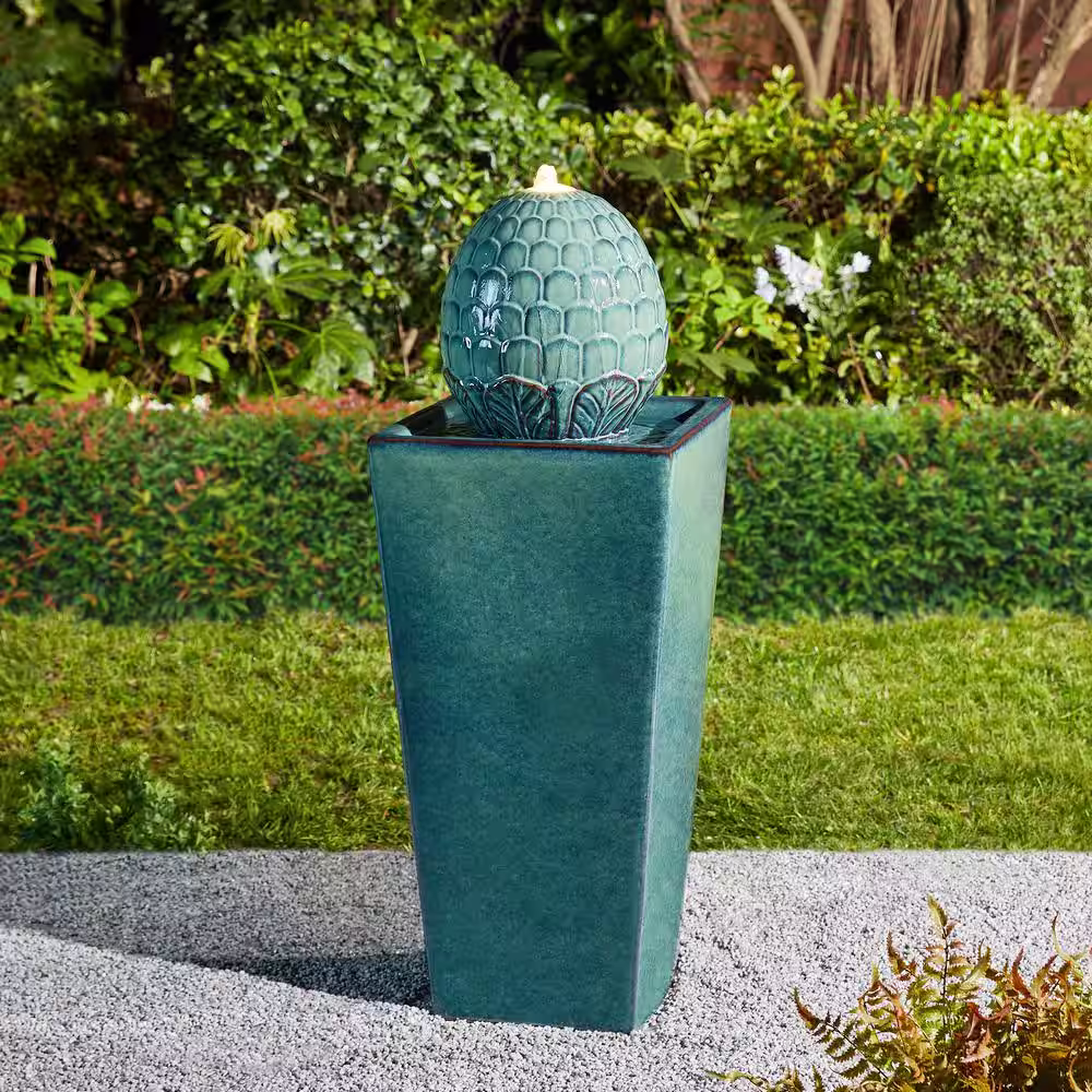 Glitzhome 35.75 in. H Oversized Turquoise Artichoke Pedestal Ceramic Fountain with Pump and LED Light (KD)
