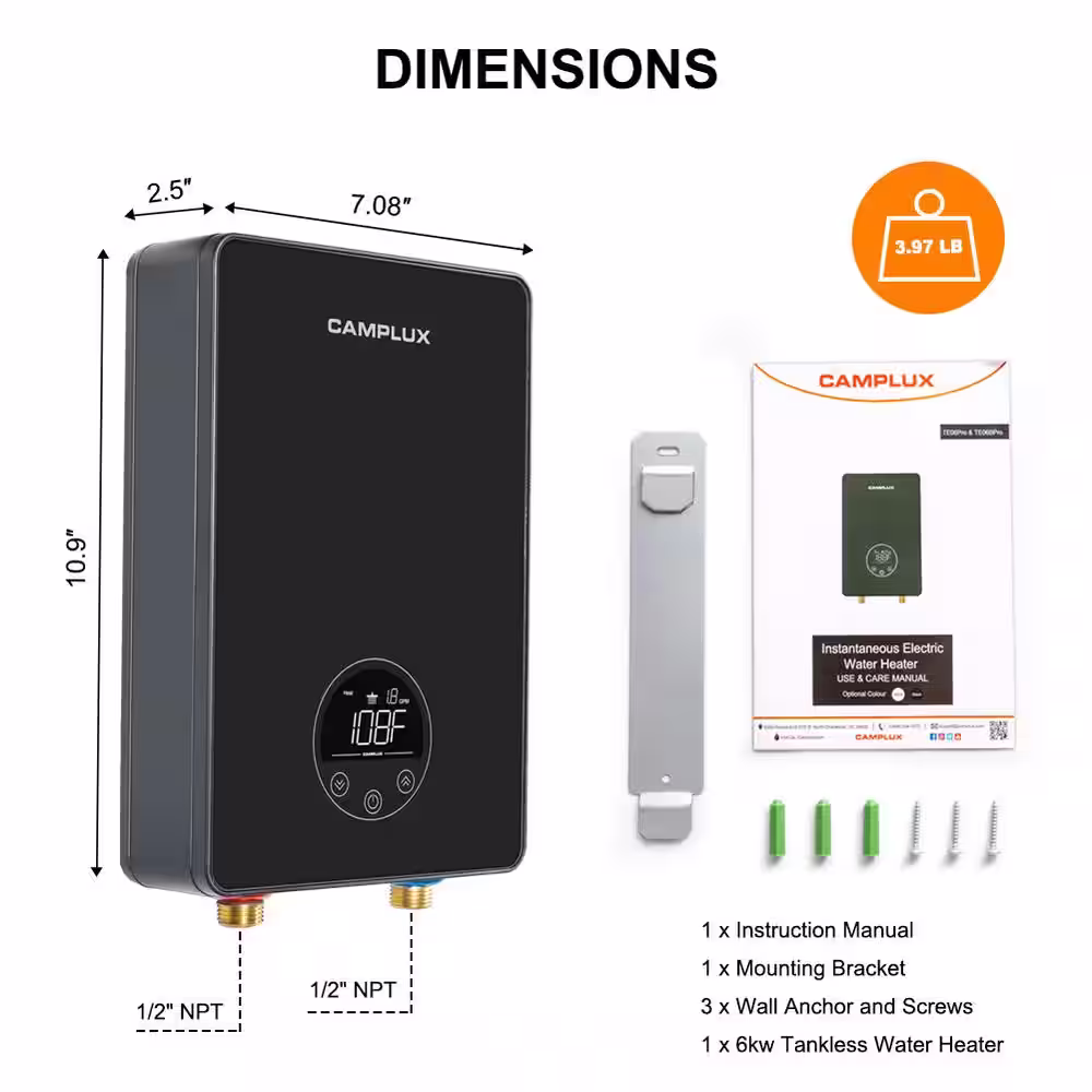 CAMPLUX ENJOY OUTDOOR LIFE Camplux Electric Water Heater 6kW, Instant Hot Water Heater 240-Volt, On Demand Water Heater with Digital Display, Black