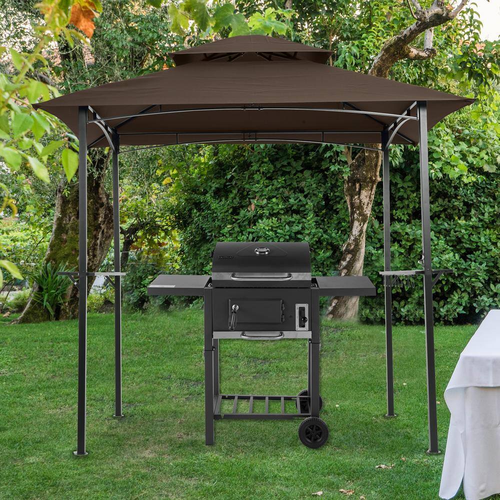 None 8 ft. x 5 ft. Brown Grill Gazebo Replacement Canopy, Double Tiered BBQ Tent Roof Top Cover