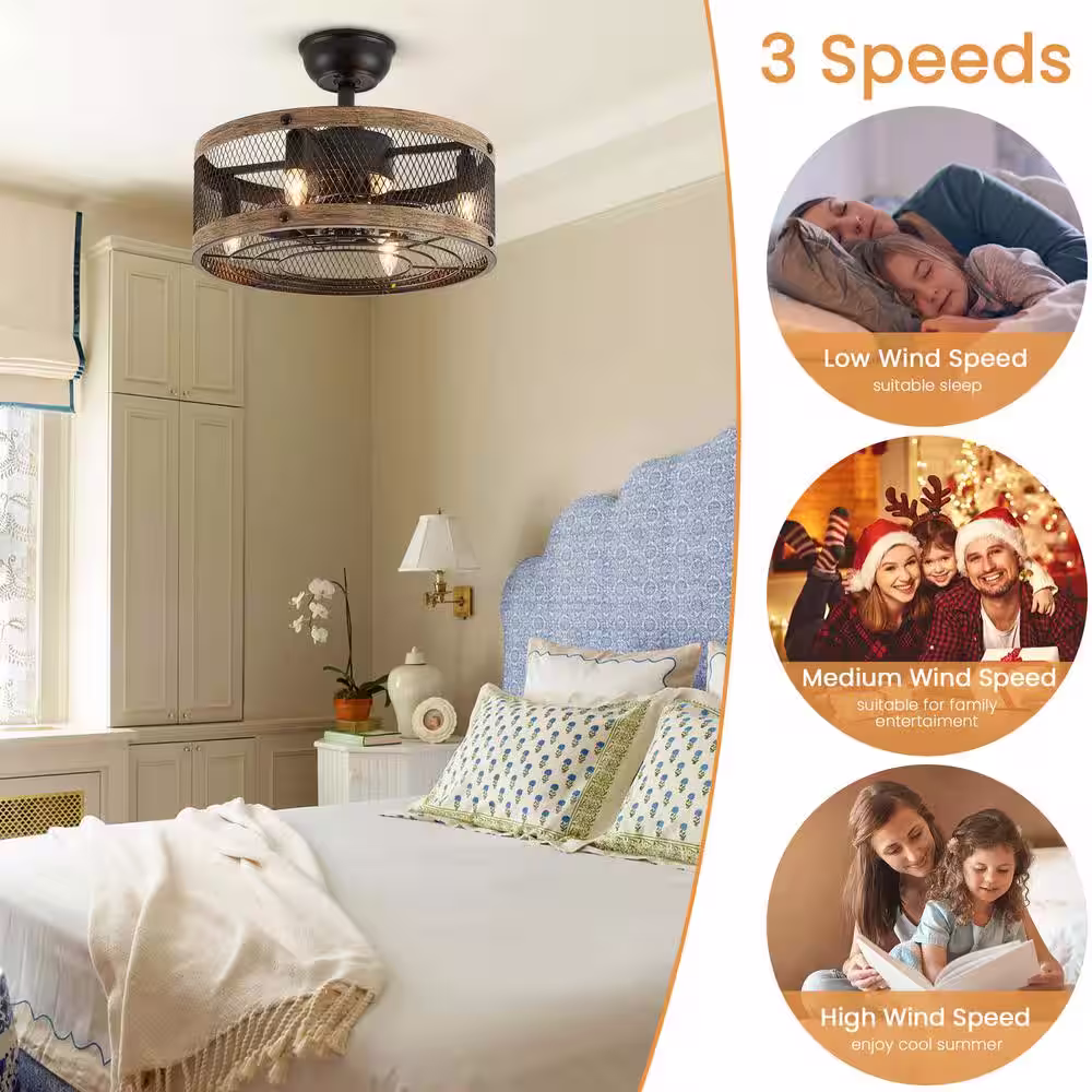 None 18 in. Indoor Farmhouse Wood Grain Caged Ceiling Fan with Light and Small Black Bladeless Ceiling Fan with Remote